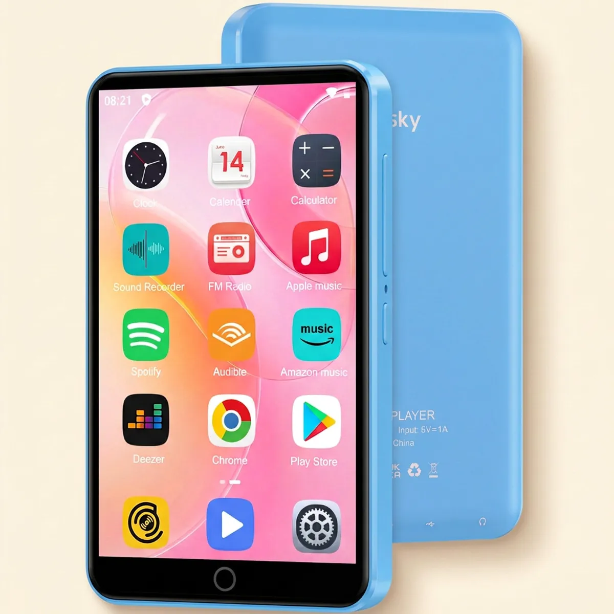 Mini leitor Android azul, frente e costas