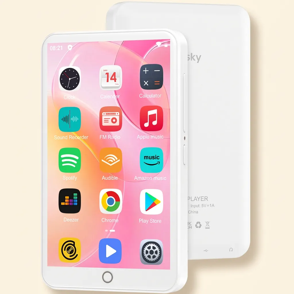 Mini leitor Android branco, frente e costas