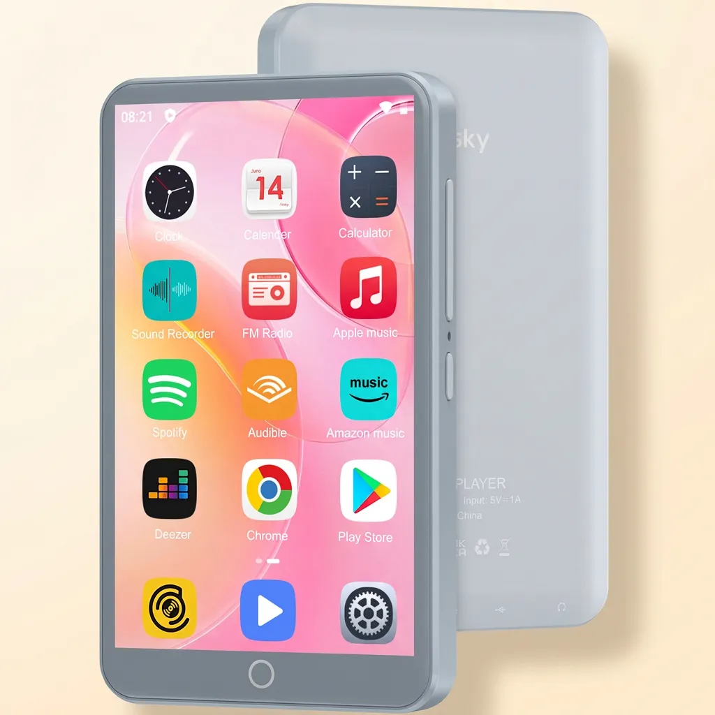 Mini leitor Android cinza, frente e costas