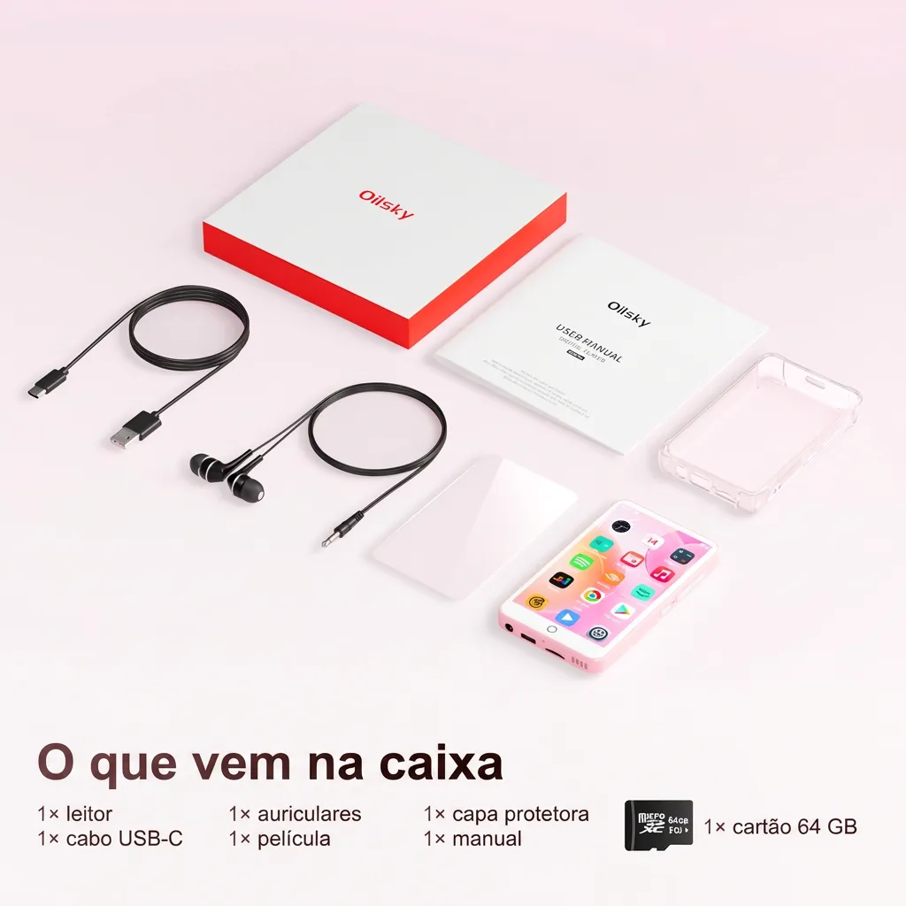 O que vem na caixa: leitor, cabo USB-C, auriculares, película, capa, manual e cartão de 64 GB