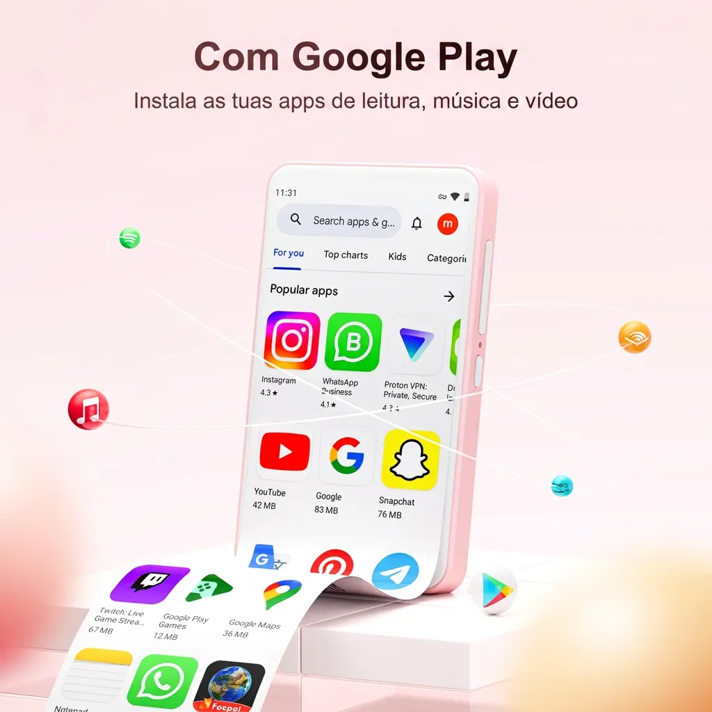 Mini leitor Android rosa com a loja Google Play aberta