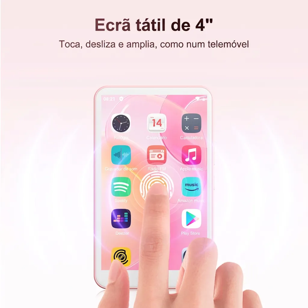 Dedo a tocar no ecrã tátil do mini leitor Android
