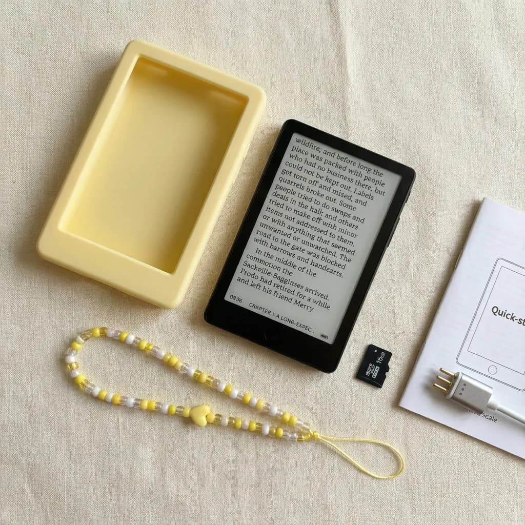 Kit completo amarelo: mini leitor, capa de silicone, cordão de missangas e cartão microSD de 16 GB