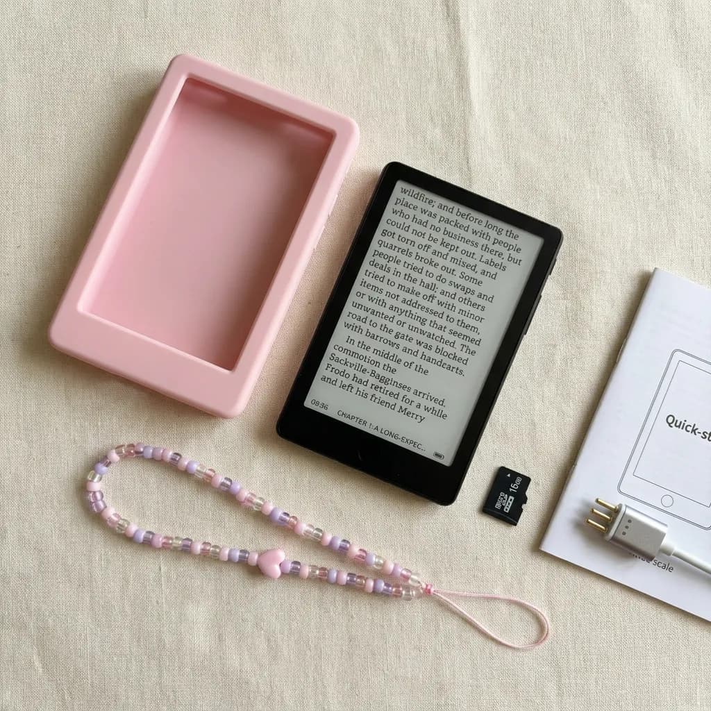 Kit completo rosa: mini leitor, capa de silicone, cordão de missangas e cartão microSD de 16 GB