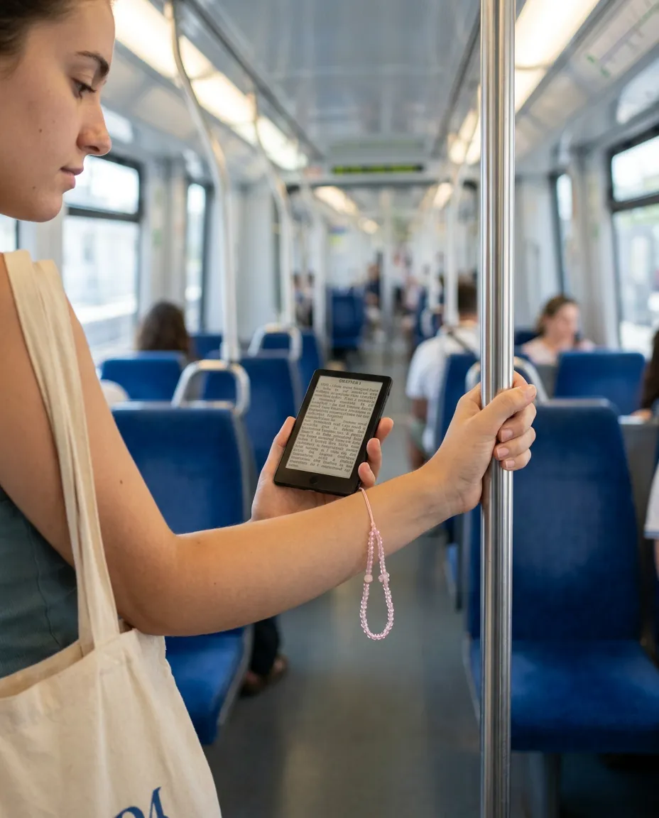 Leitora de pé no metro de Lisboa com o mini leitor na mão