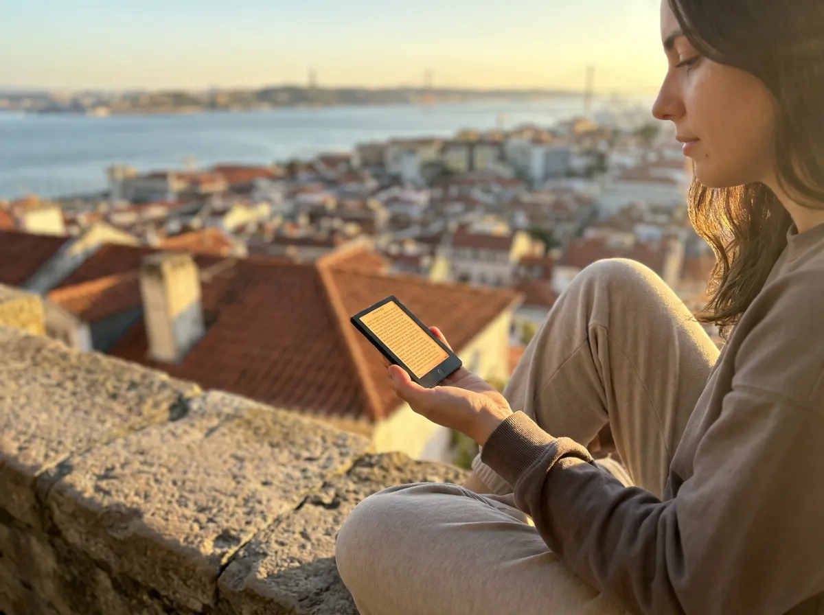Leitora num miradouro de Lisboa ao pôr do sol com a luz quente do leitor ligada
