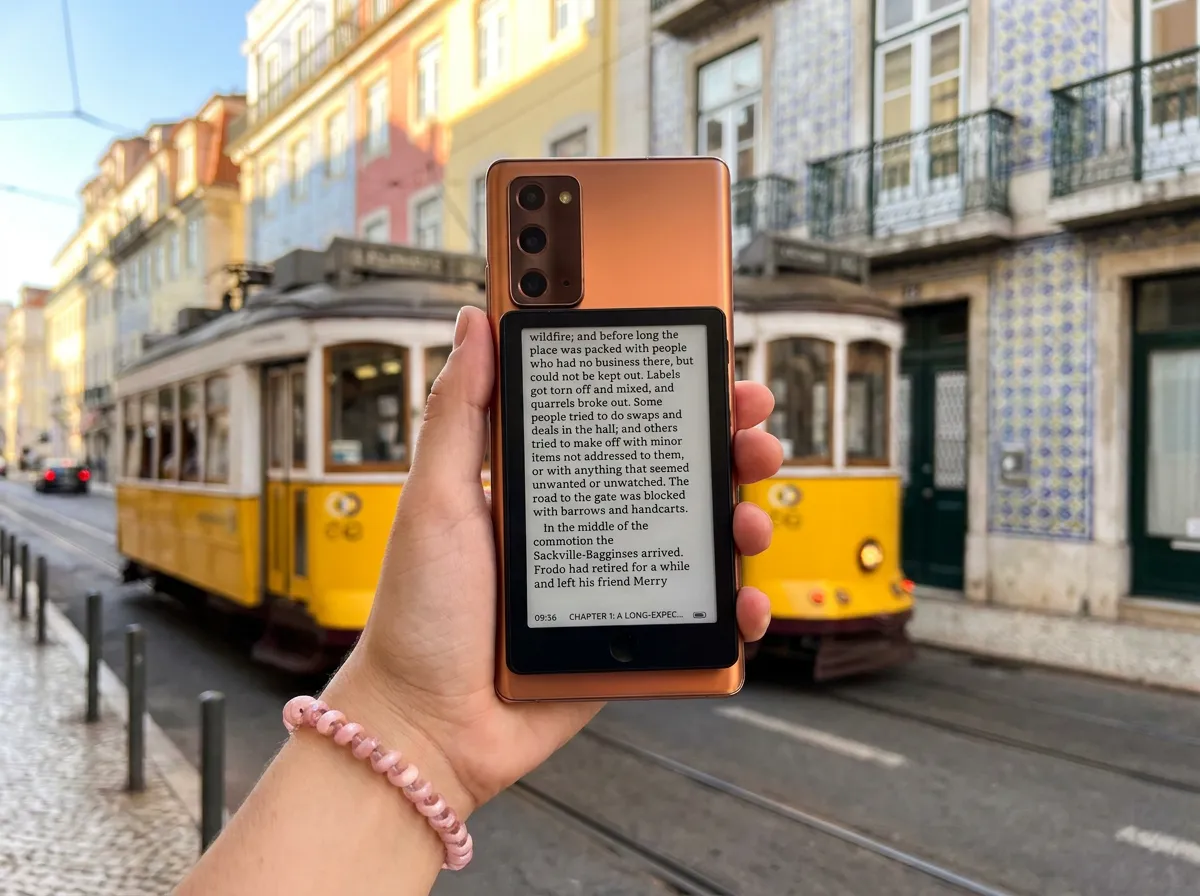 Mini leitor preso às costas de um telemóvel numa rua de Lisboa